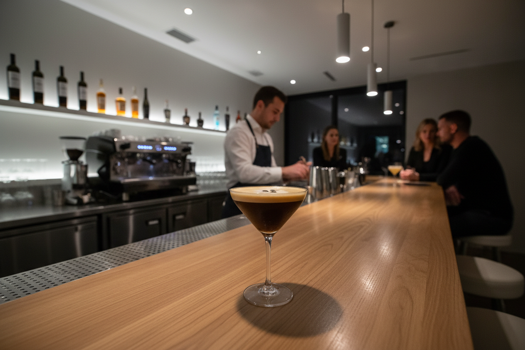 recreate this image as a wider perspective with a bartender and people at the bar in a modern minimalistic setting